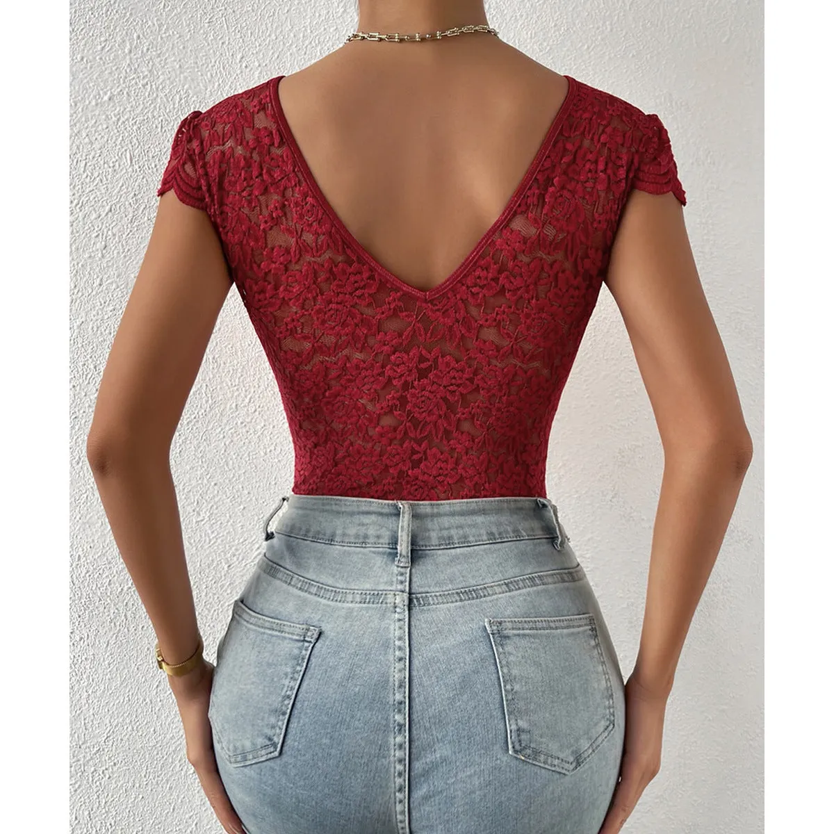 Lace Floral Sheer Deep V-Neck Backless Unique Design Long Sleeve Bodysuit