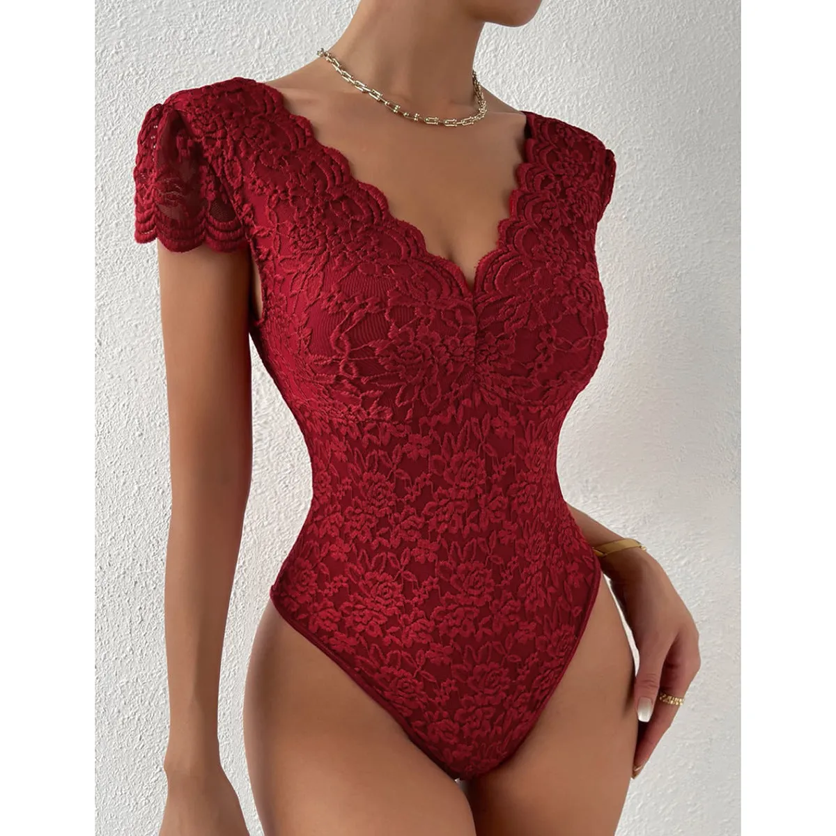 Lace Floral Sheer Deep V-Neck Backless Unique Design Long Sleeve Bodysuit