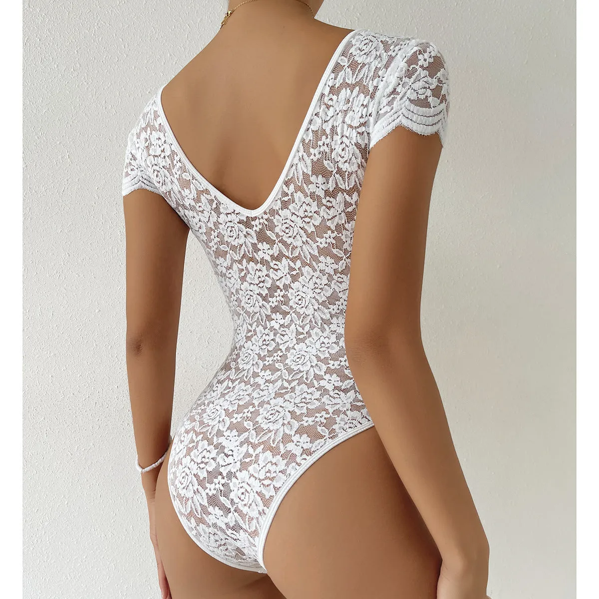 Lace Floral Sheer Deep V-Neck Backless Unique Design Long Sleeve Bodysuit