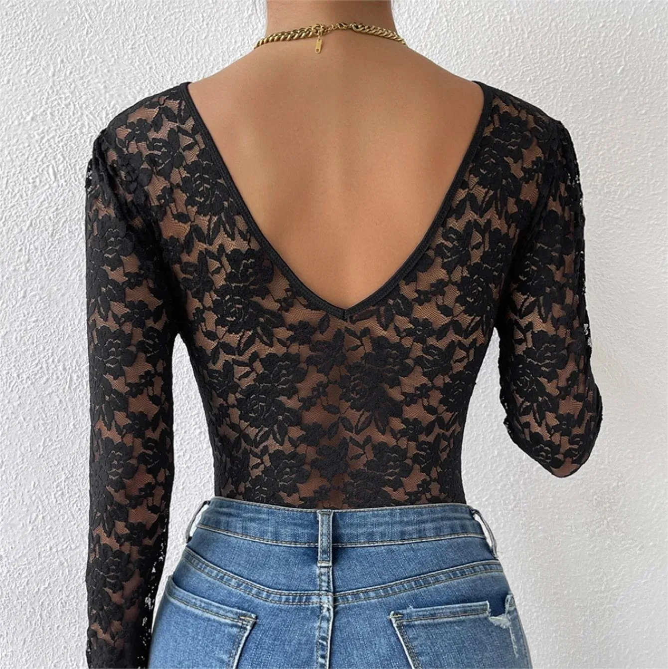 Lace Floral Sheer Deep V-Neck Backless Unique Design Long Sleeve Bodysuit