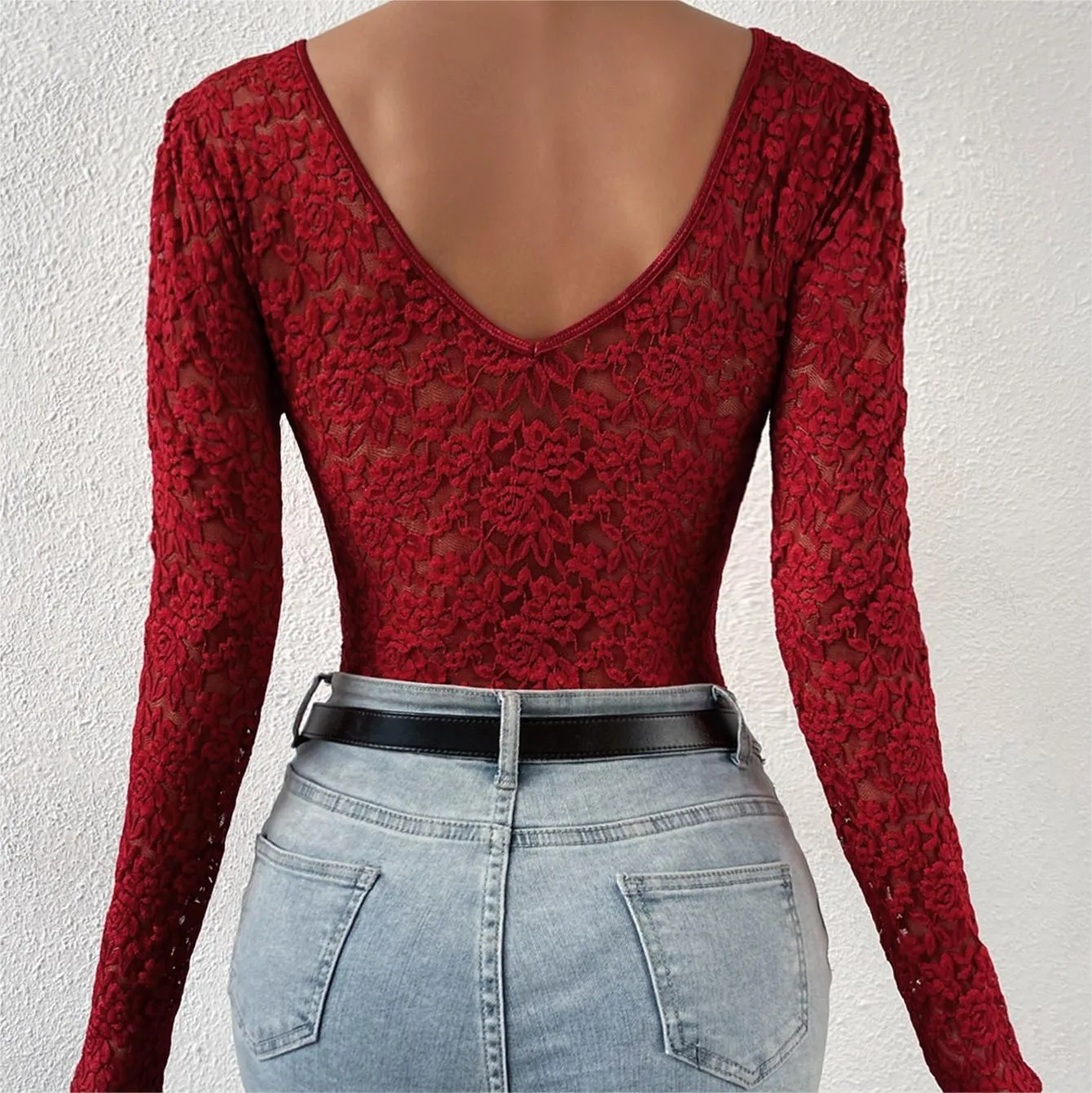 Lace Floral Sheer Deep V-Neck Backless Unique Design Long Sleeve Bodysuit
