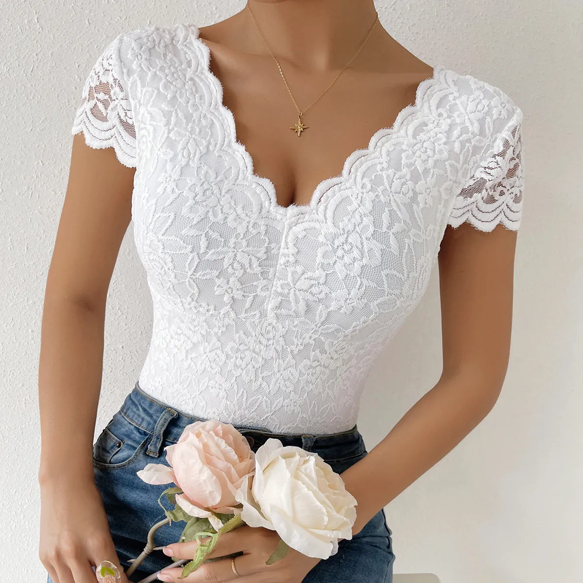 Lace Floral Sheer Deep V-Neck Backless Unique Design Long Sleeve Bodysuit