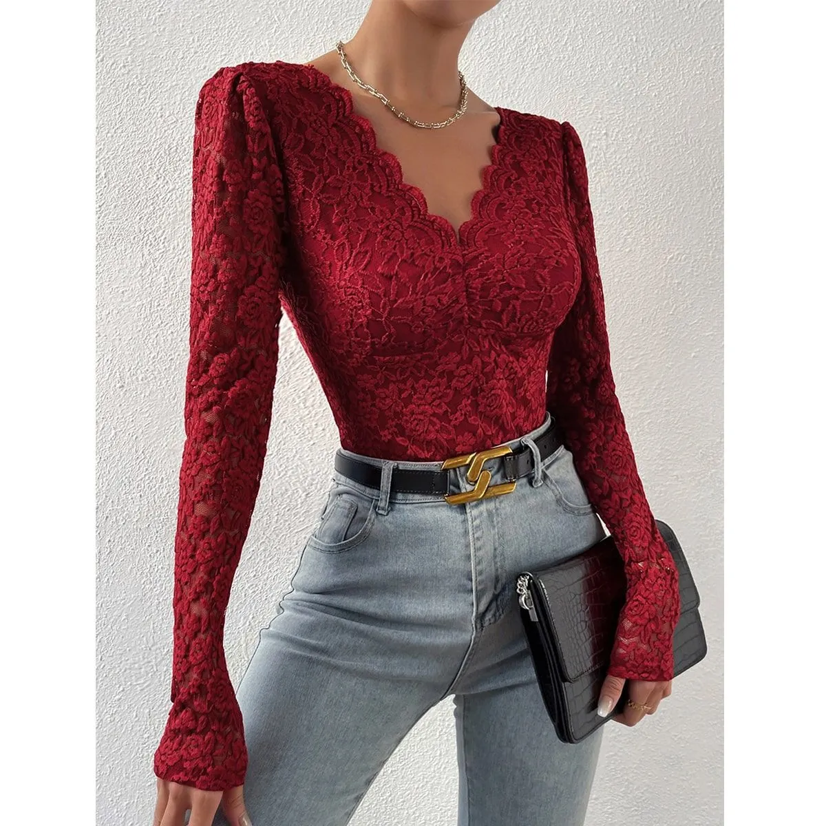 Lace Floral Sheer Deep V-Neck Backless Unique Design Long Sleeve Bodysuit