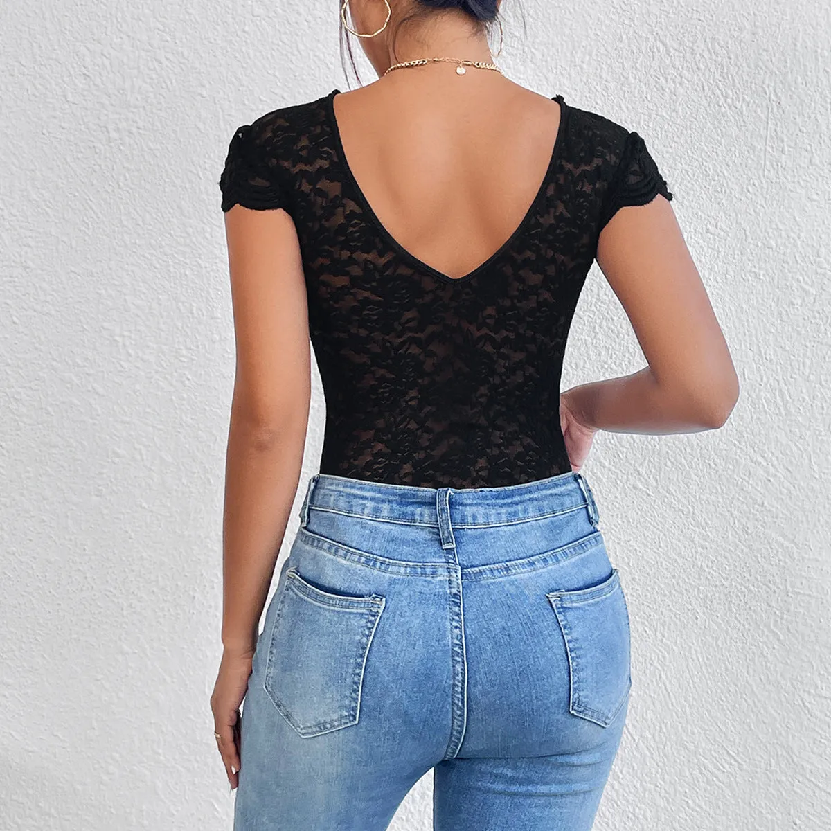 Lace Floral Sheer Deep V-Neck Backless Unique Design Long Sleeve Bodysuit
