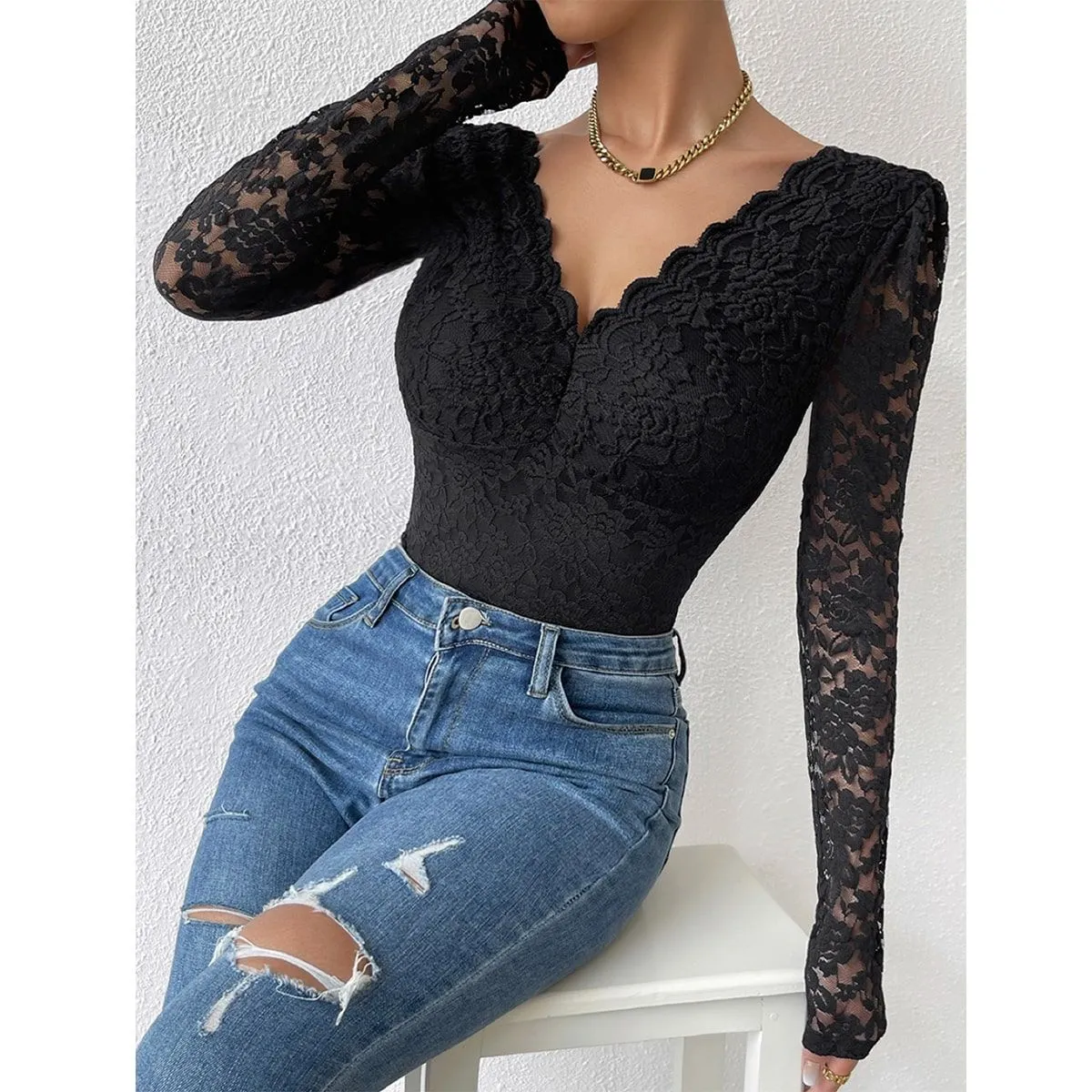 Lace Floral Sheer Deep V-Neck Backless Unique Design Long Sleeve Bodysuit