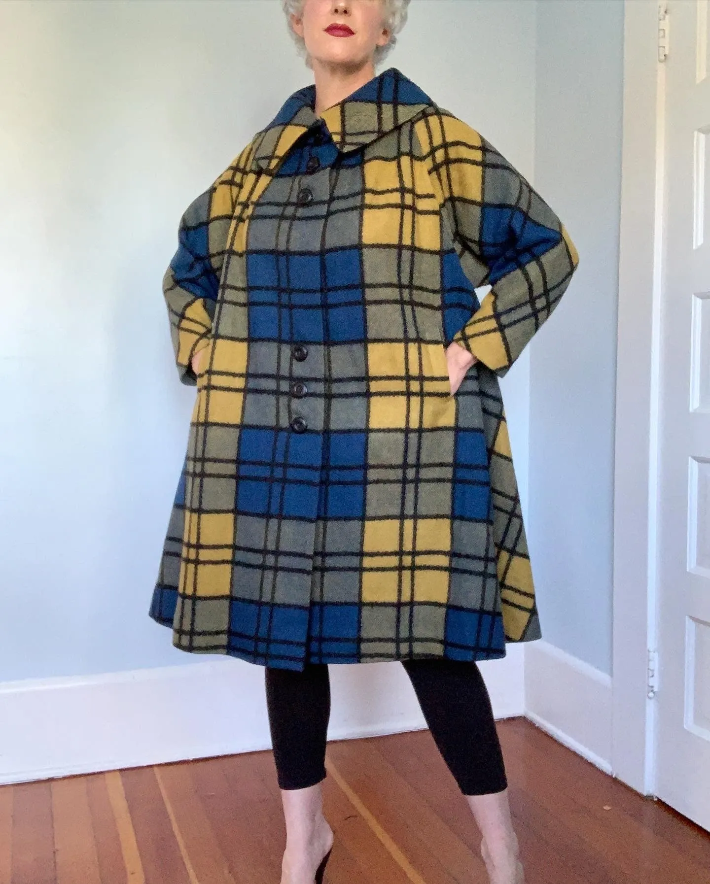 Late 1950s Mondrian Style Plaid Wool Extreme Trapeze Coat by "Cuddle Coat of New York & Montreal"