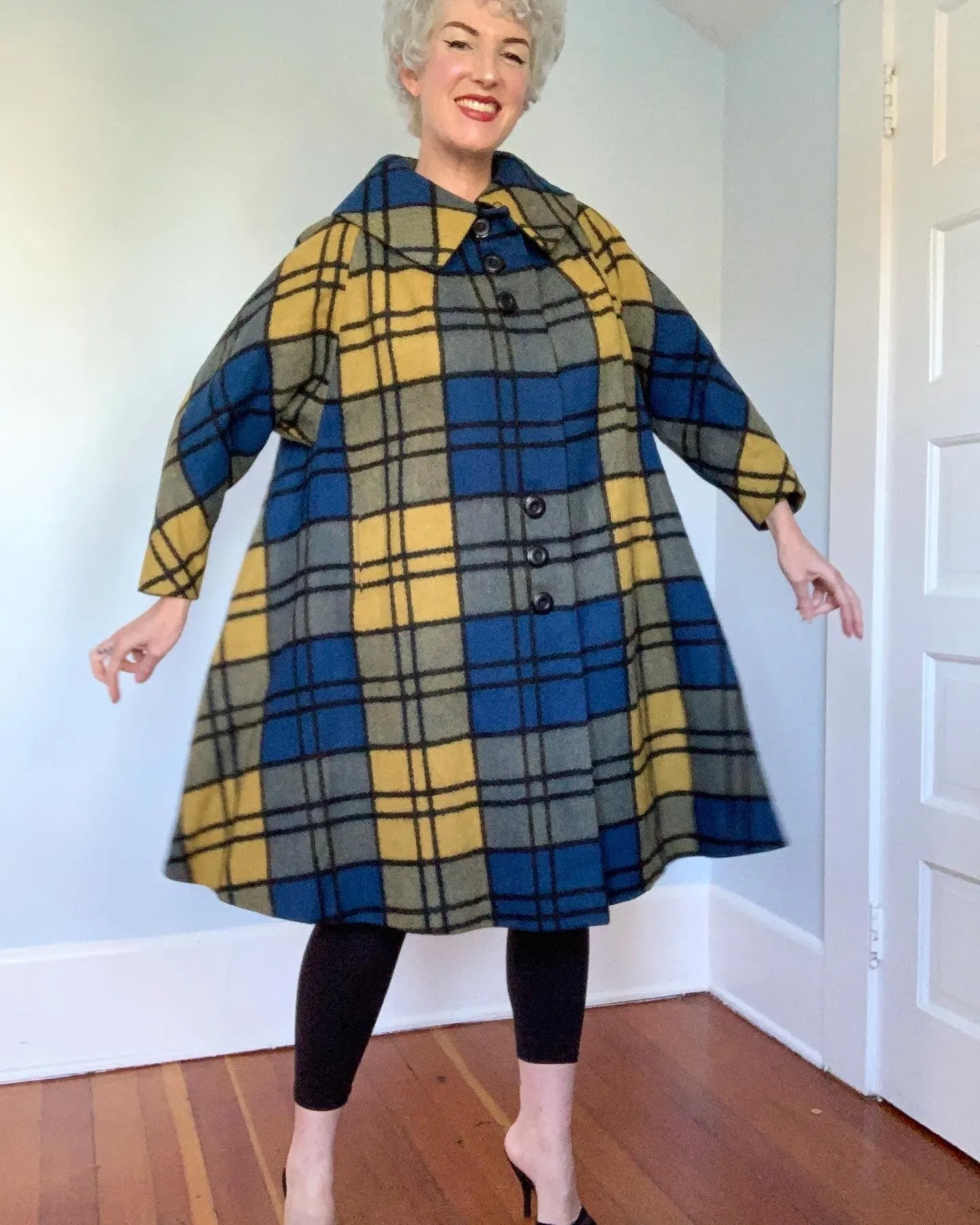 Late 1950s Mondrian Style Plaid Wool Extreme Trapeze Coat by "Cuddle Coat of New York & Montreal"