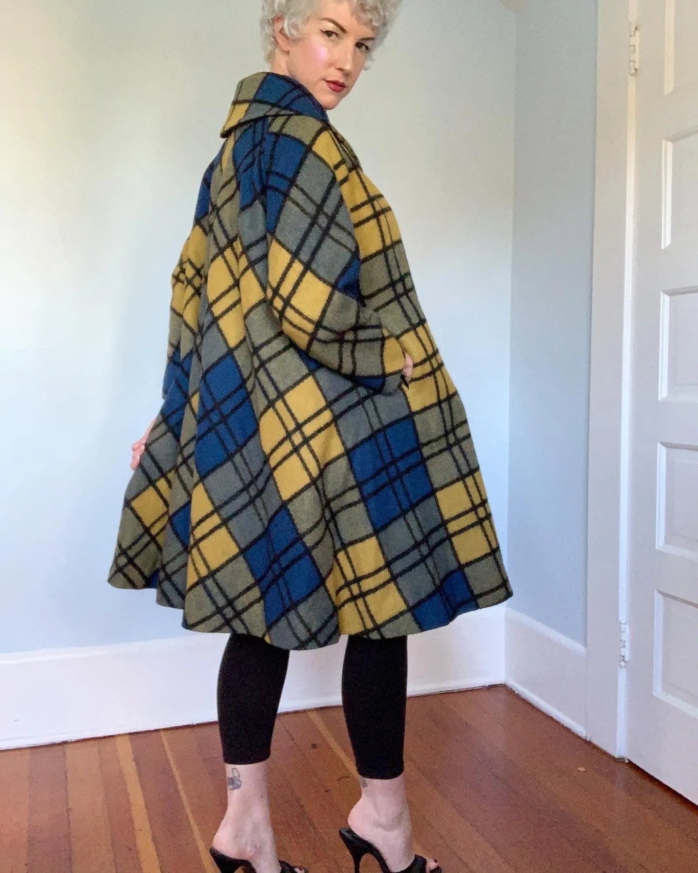 Late 1950s Mondrian Style Plaid Wool Extreme Trapeze Coat by "Cuddle Coat of New York & Montreal"