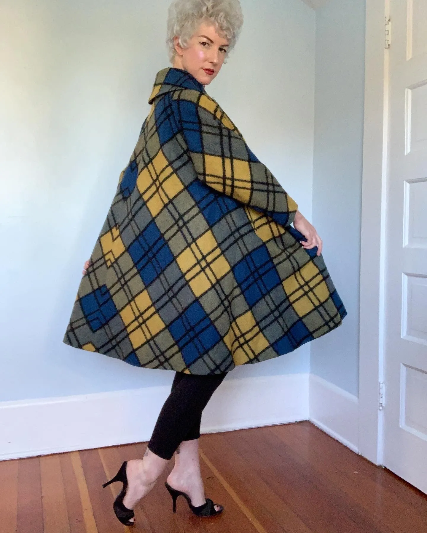 Late 1950s Mondrian Style Plaid Wool Extreme Trapeze Coat by "Cuddle Coat of New York & Montreal"