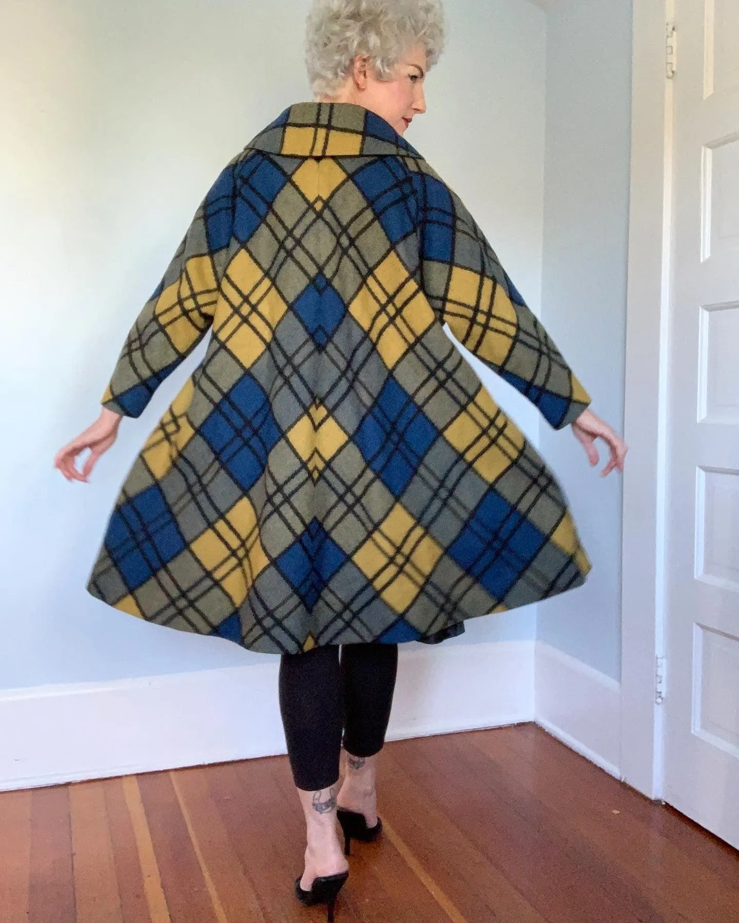Late 1950s Mondrian Style Plaid Wool Extreme Trapeze Coat by "Cuddle Coat of New York & Montreal"