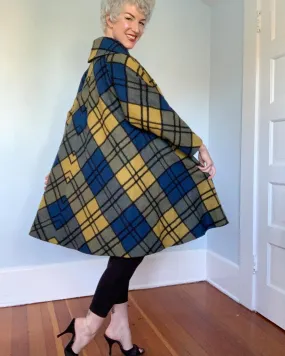 Late 1950s Mondrian Style Plaid Wool Extreme Trapeze Coat by "Cuddle Coat of New York & Montreal"