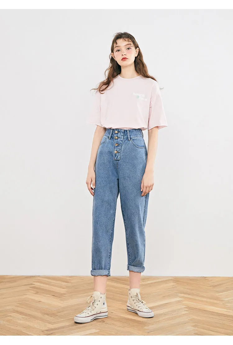 LEDDIN DESIGN BUTTON DETAIL STRAIGHT LEG JEANS