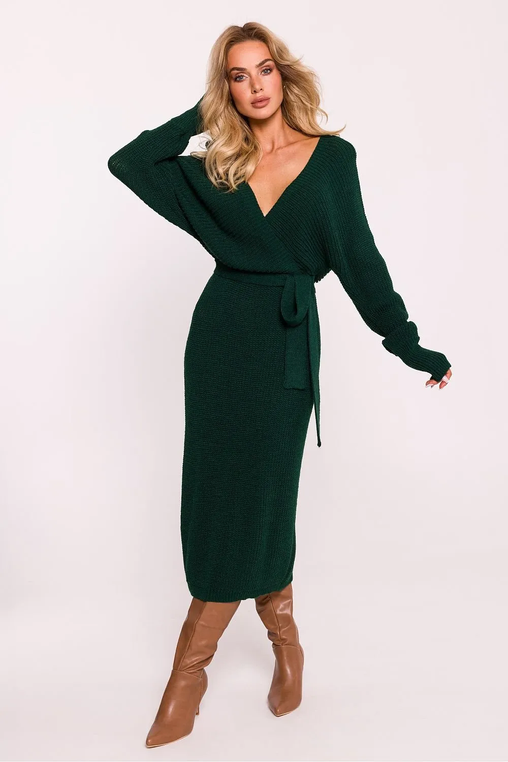 Long kimono sleeves striped knit yarn dress