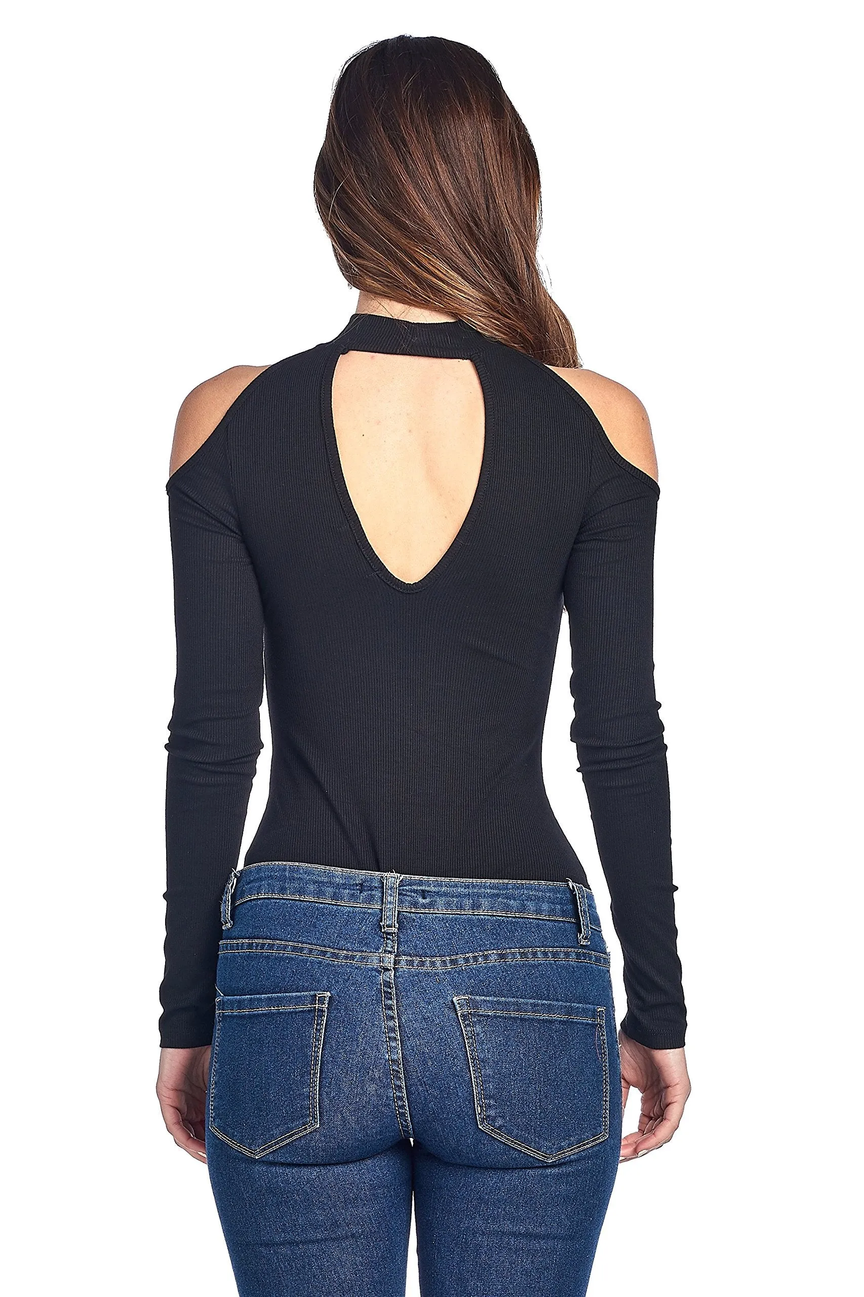 Long Sleeve Ribbed Mock Neck Cold Shoulder Front And Back Cutout Bodysuit