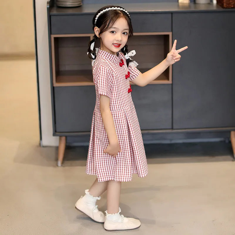 Mandarin Collar Cheongsam Top Plaids & Checks Pattern Girl's Chinese Dress