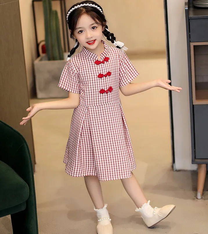 Mandarin Collar Cheongsam Top Plaids & Checks Pattern Girl's Chinese Dress