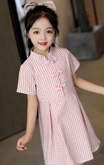 Mandarin Collar Cheongsam Top Plaids & Checks Pattern Girl's Chinese Dress