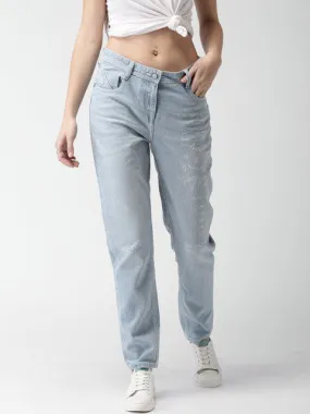 Mast & Harbour Women Blue Boyfriend Fit Mid-Rise Low Distress Stretchable Jeans