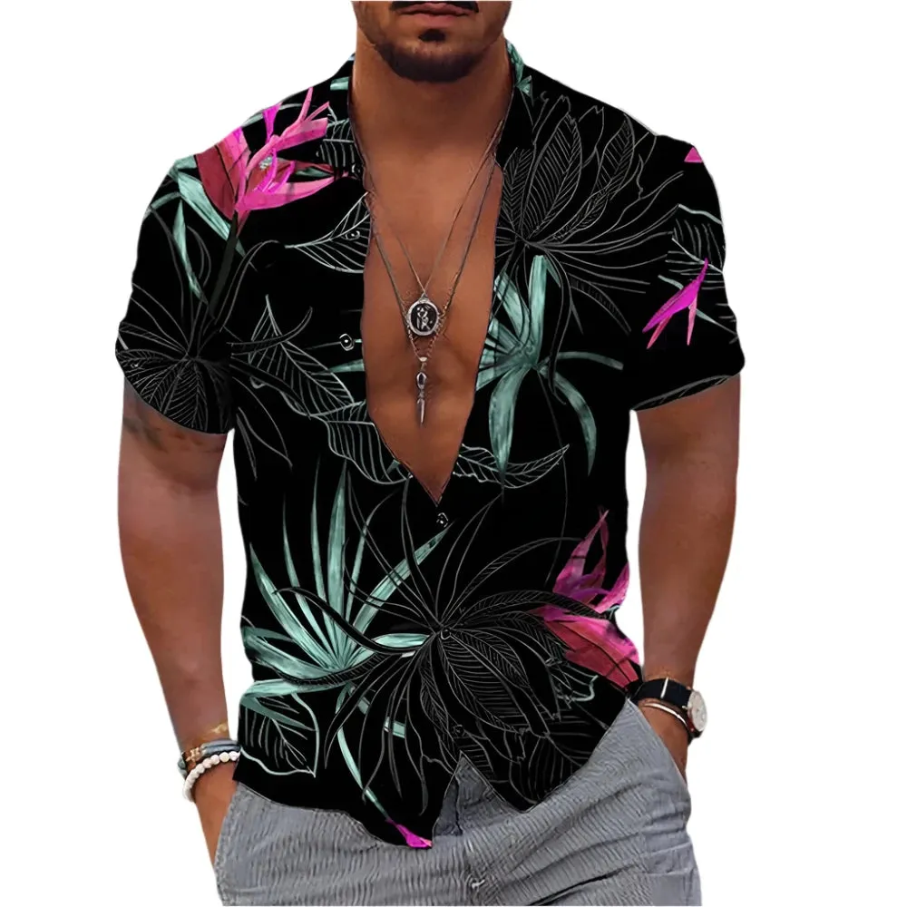 Men's Casual Hawaiian Plant Printed Shirt – 3D Short Sleeve Summer Beach Top
