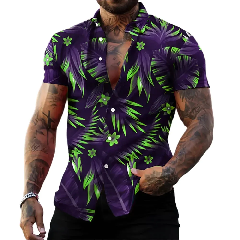 Men's Casual Hawaiian Plant Printed Shirt – 3D Short Sleeve Summer Beach Top