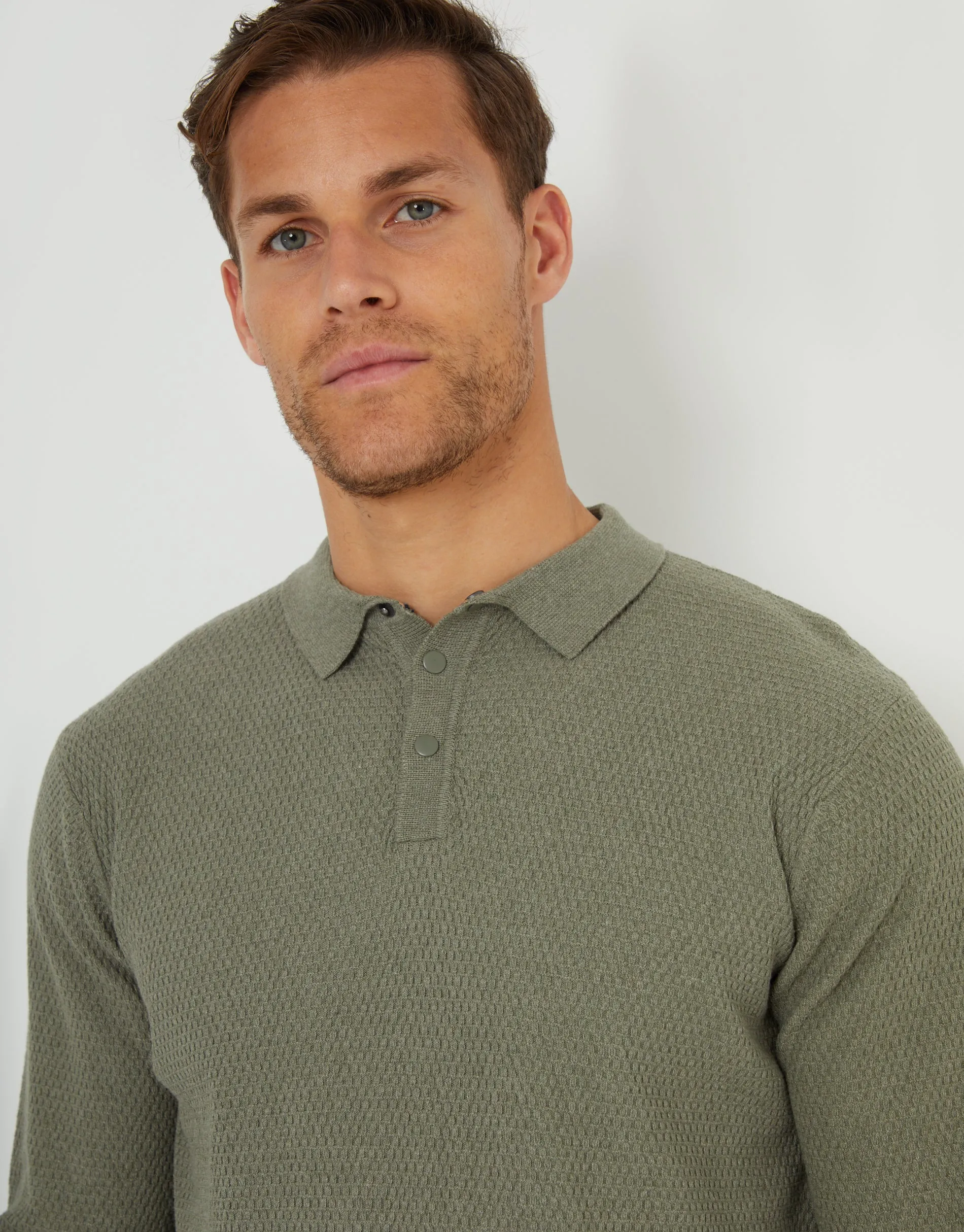 Men's Khaki Long Sleeve Popper Fastening Knitted Polo