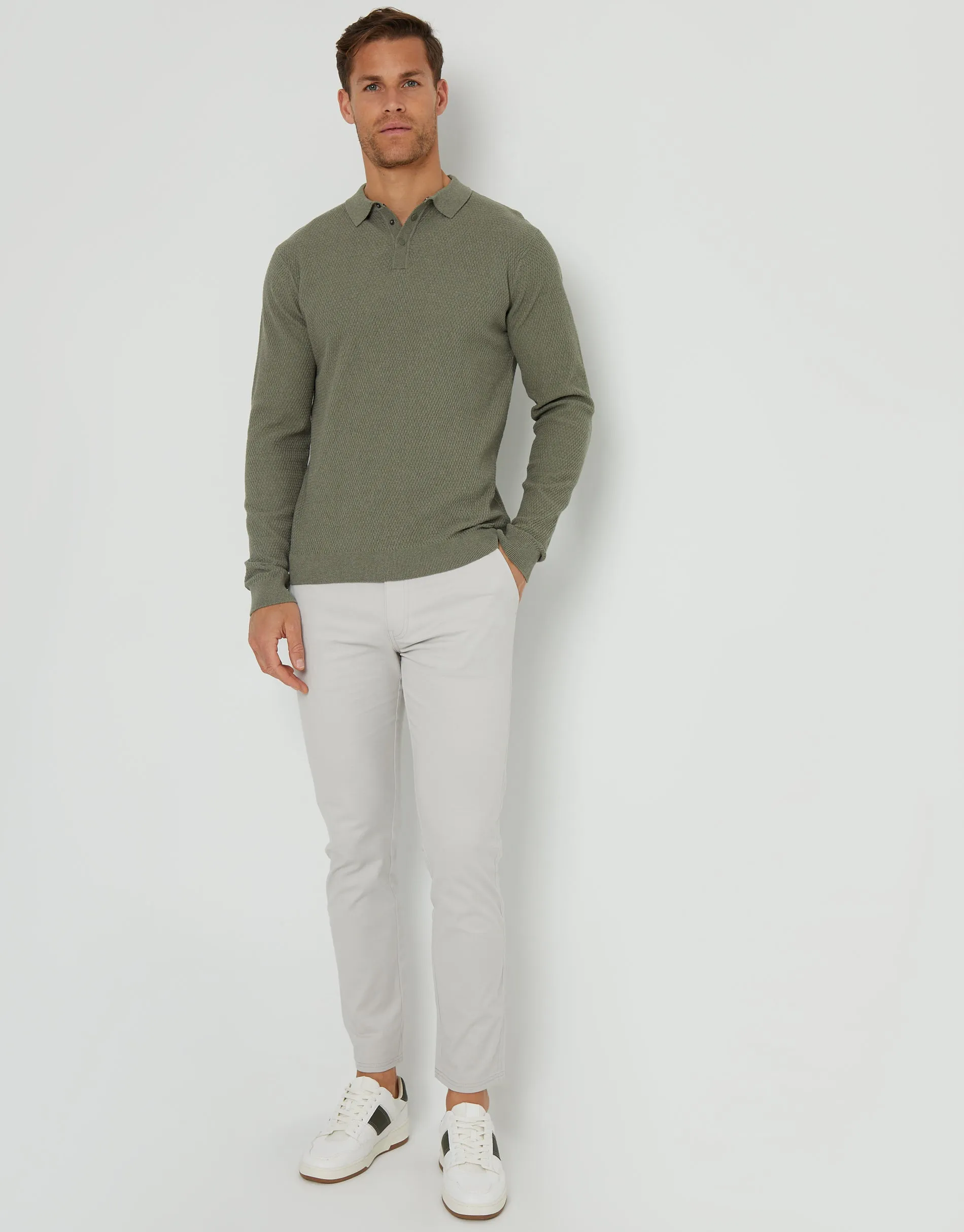 Men's Khaki Long Sleeve Popper Fastening Knitted Polo