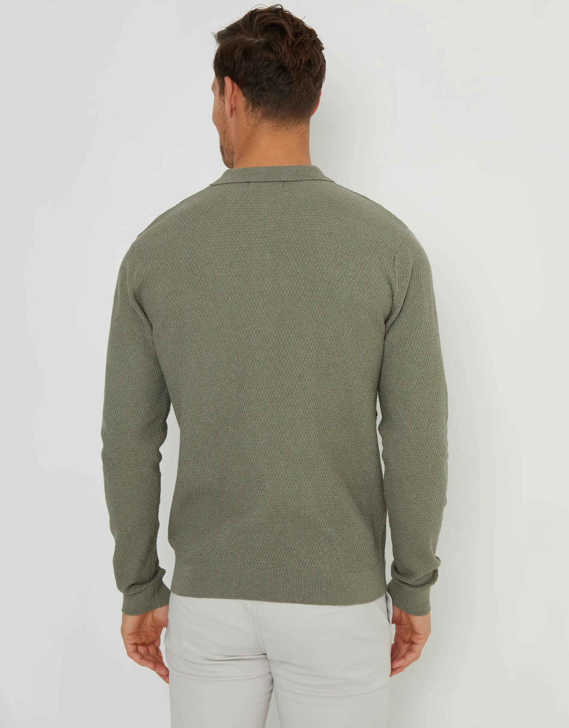 Men's Khaki Long Sleeve Popper Fastening Knitted Polo