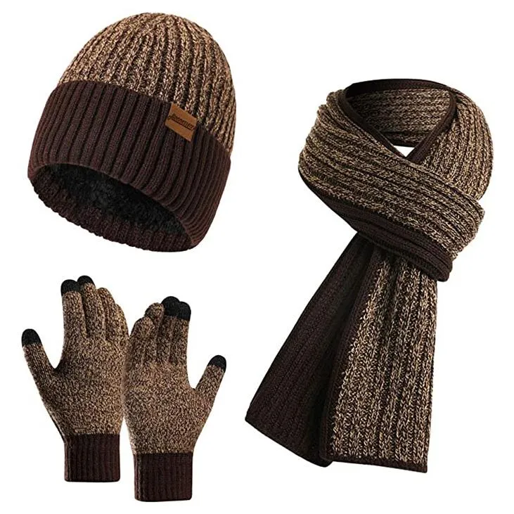 Men's Scarf and Beanie Hat Themal Gloves Set
