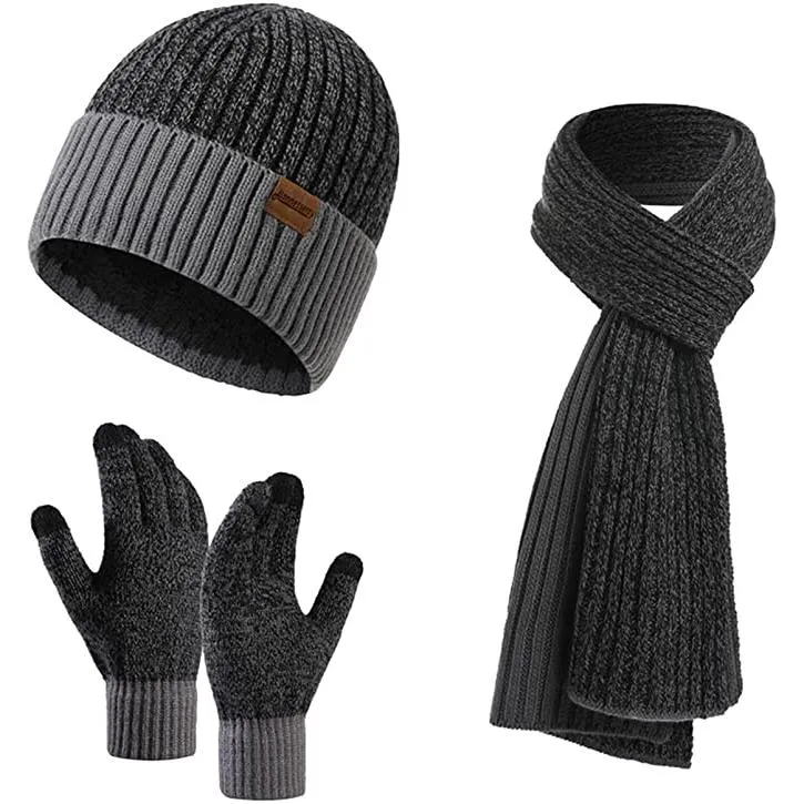 Men's Scarf and Beanie Hat Themal Gloves Set