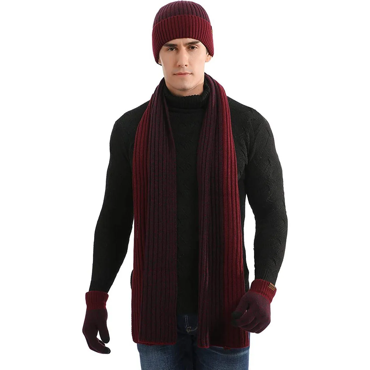 Men's Scarf and Beanie Hat Themal Gloves Set