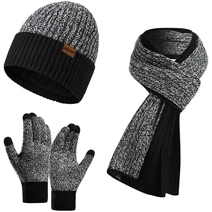 Men's Scarf and Beanie Hat Themal Gloves Set