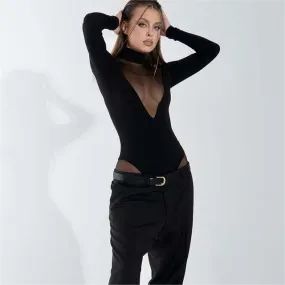 Mesh Patchwork See Through Long Sleeve Bodysuit