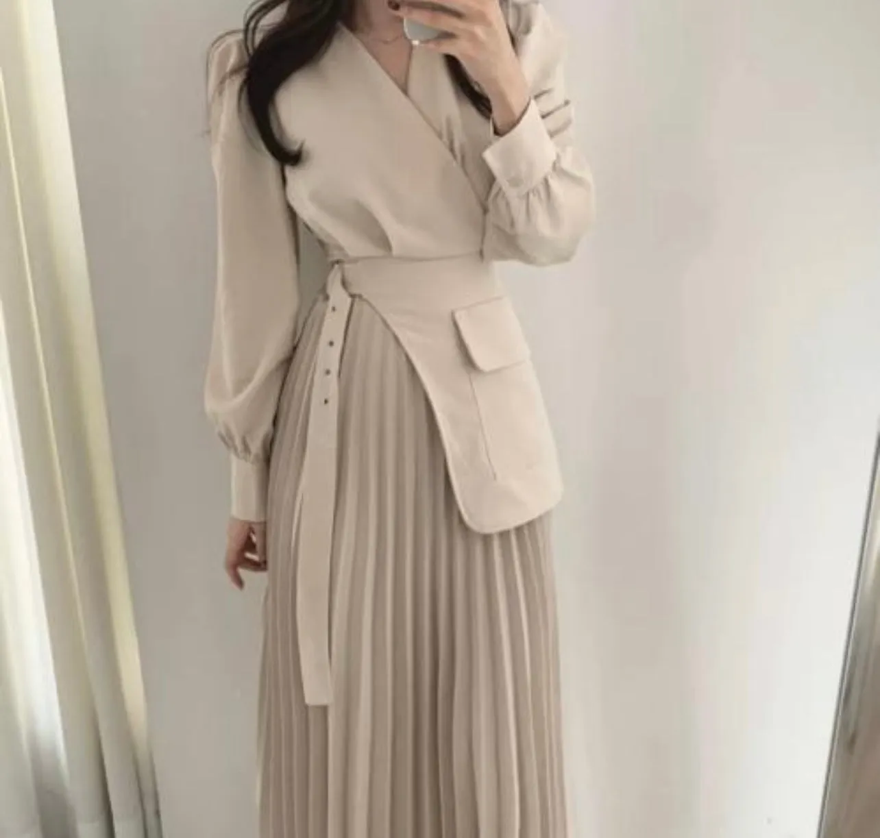 Midi Beige Ruched Bust Belt Pleated Detail Dress