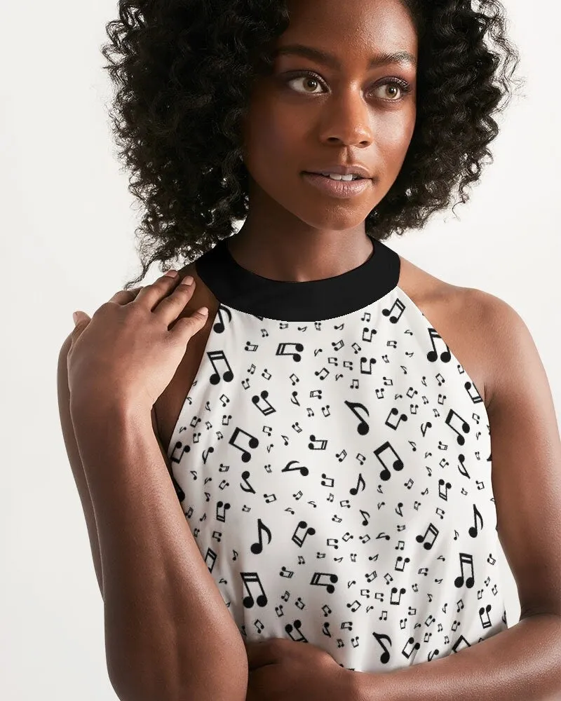Music Lover Dress, Women's Dresses, Halter Dress, White Halter Dress,  Black and White Dress, Party Dress,Cute Dress, Music Note print Dress