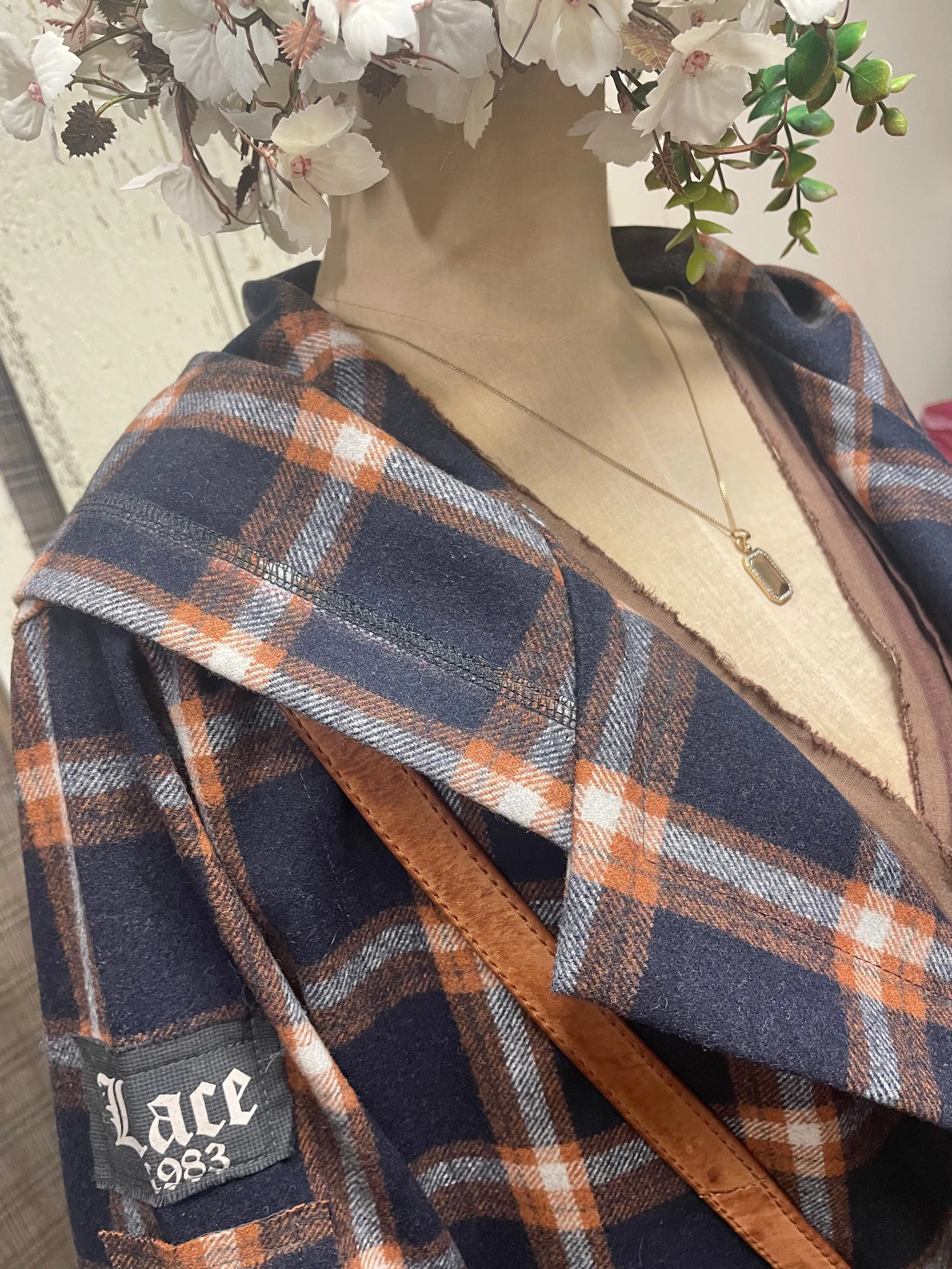 Navy and copper check wool hooded coat