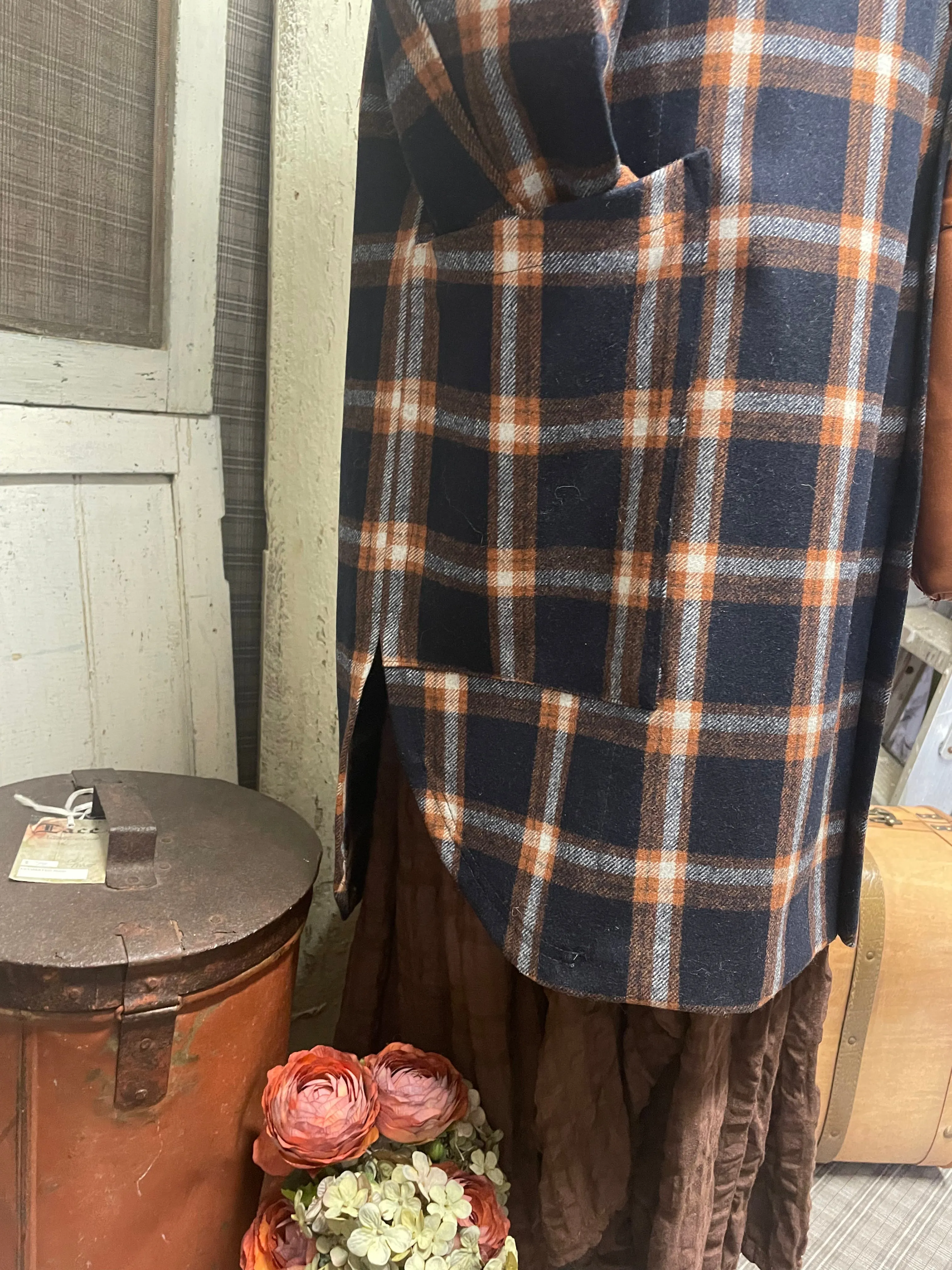 Navy and copper check wool hooded coat