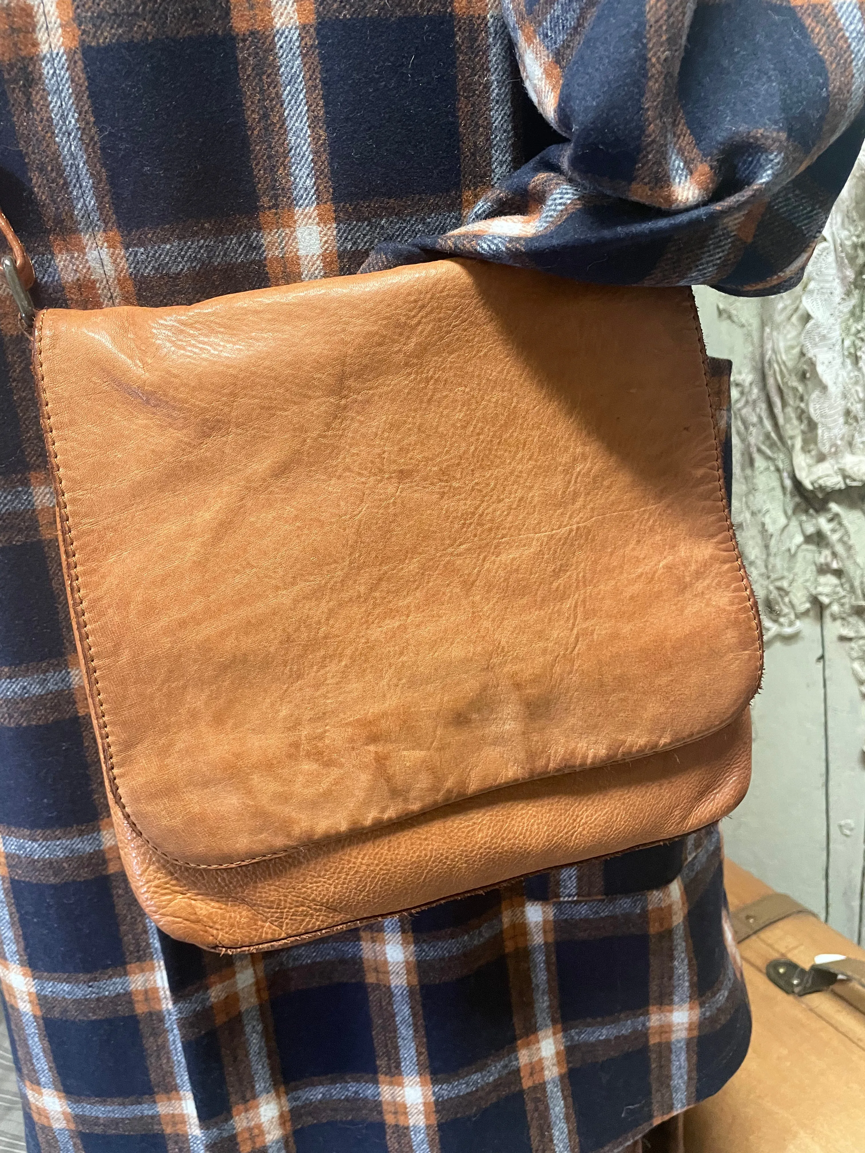 Navy and copper check wool hooded coat