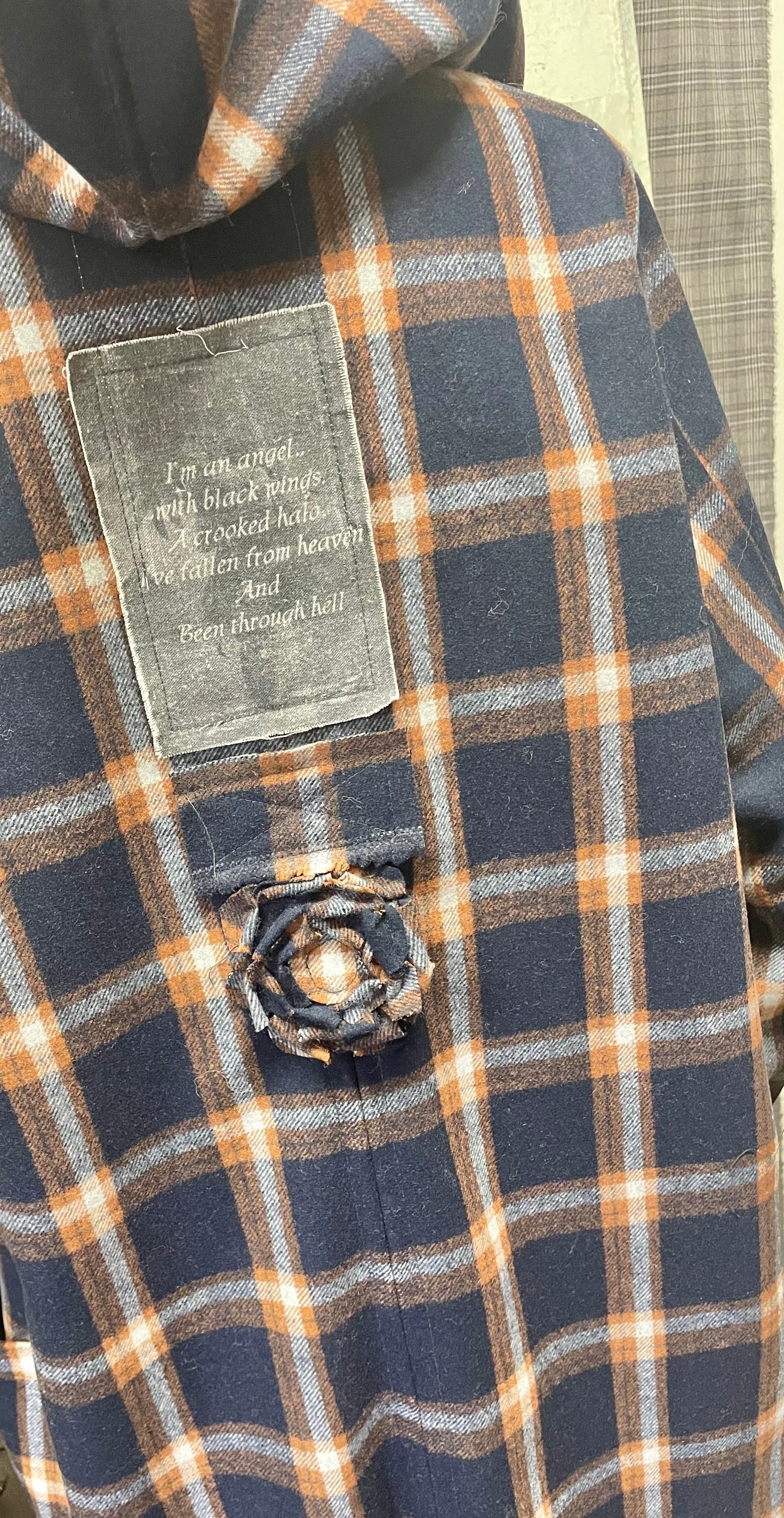 Navy and copper check wool hooded coat