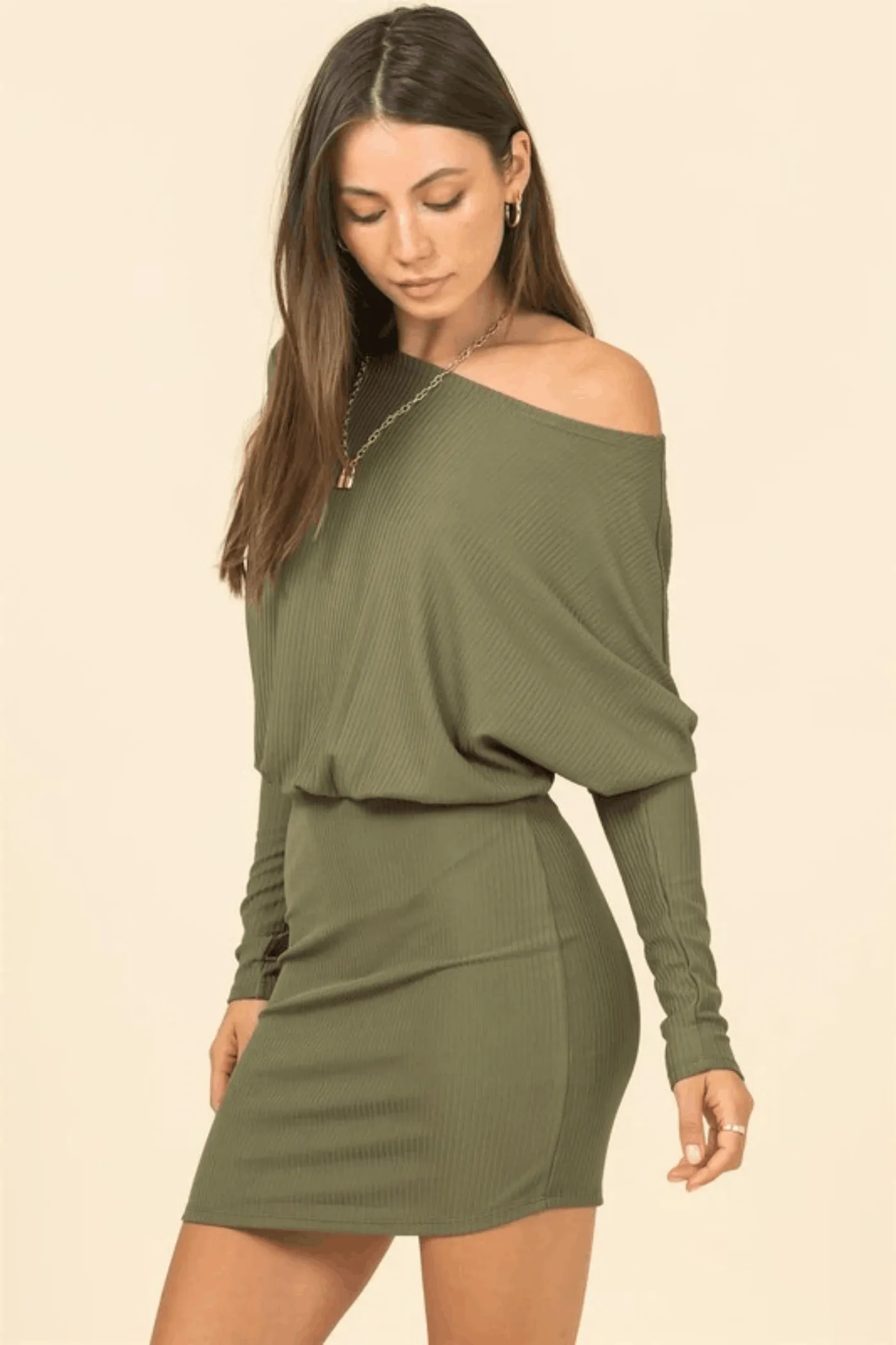 off one shoulder ribbed knit dolman sleeve mini dress
