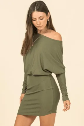 off one shoulder ribbed knit dolman sleeve mini dress