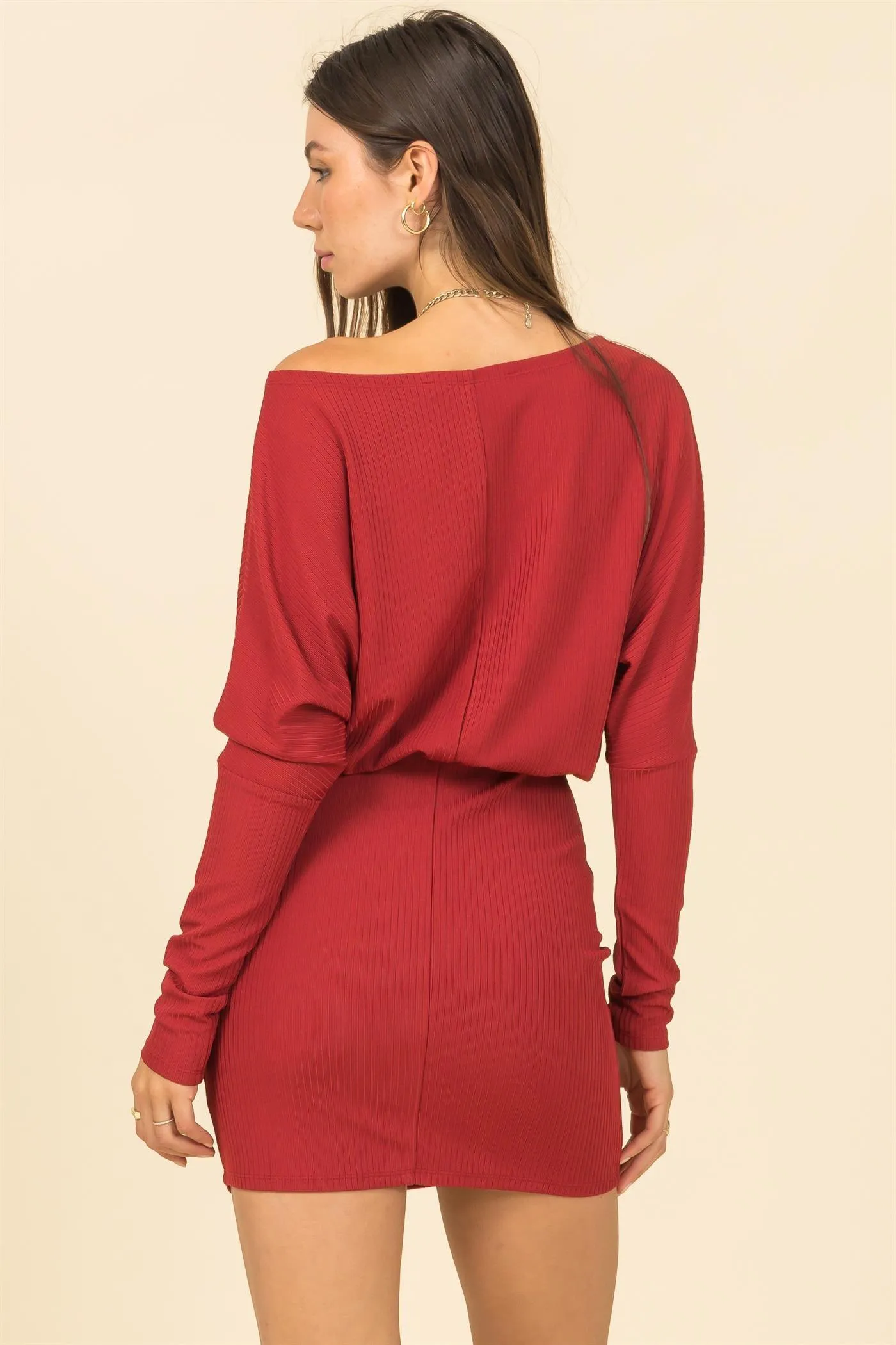 off one shoulder ribbed knit dolman sleeve mini dress