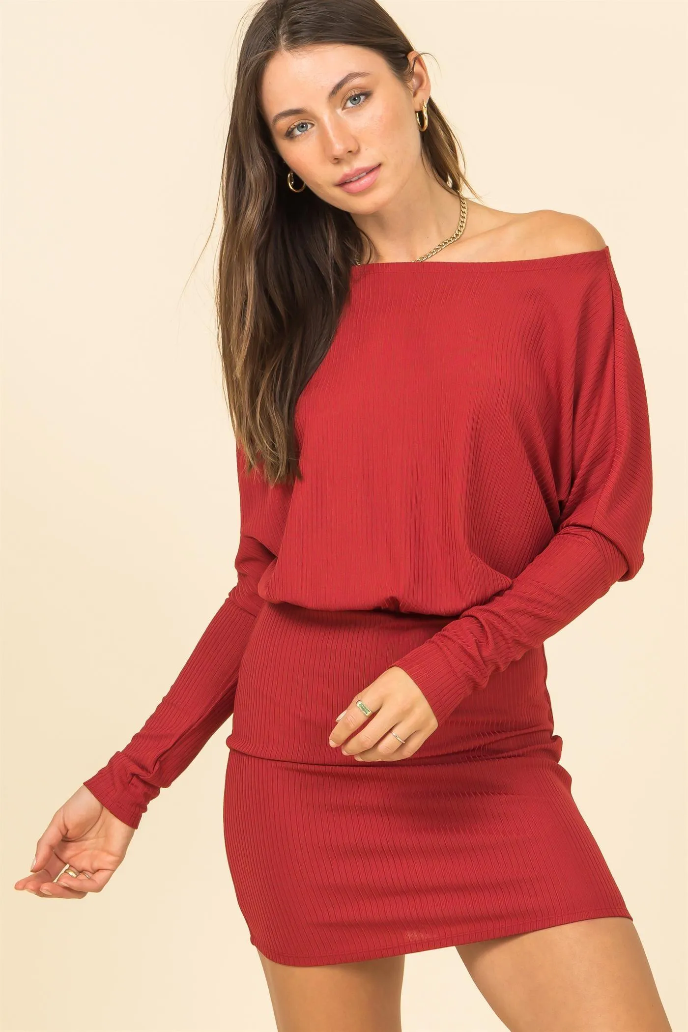off one shoulder ribbed knit dolman sleeve mini dress