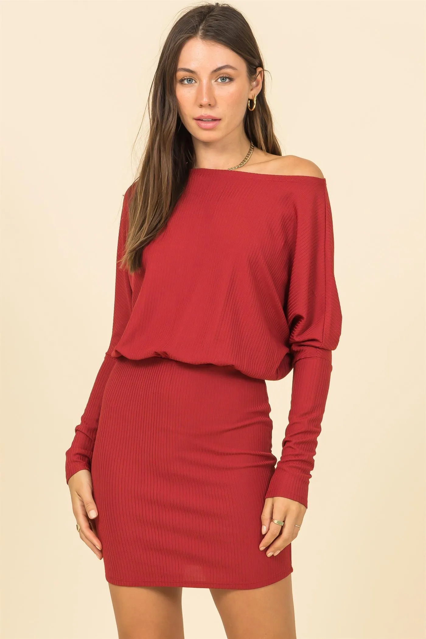 off one shoulder ribbed knit dolman sleeve mini dress