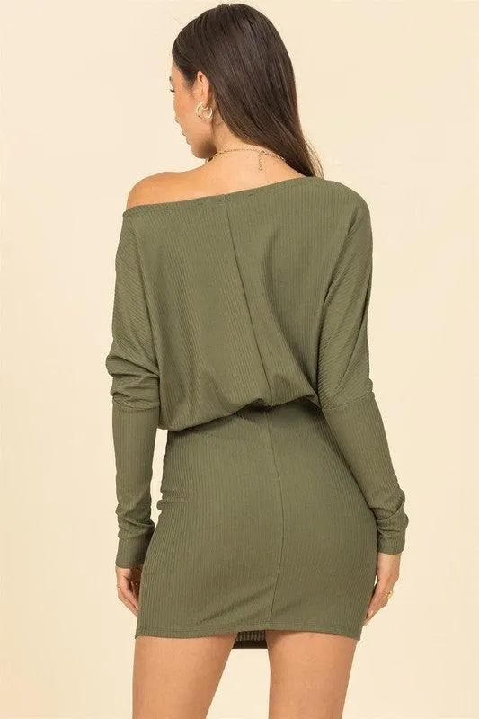 off one shoulder ribbed knit dolman sleeve mini dress