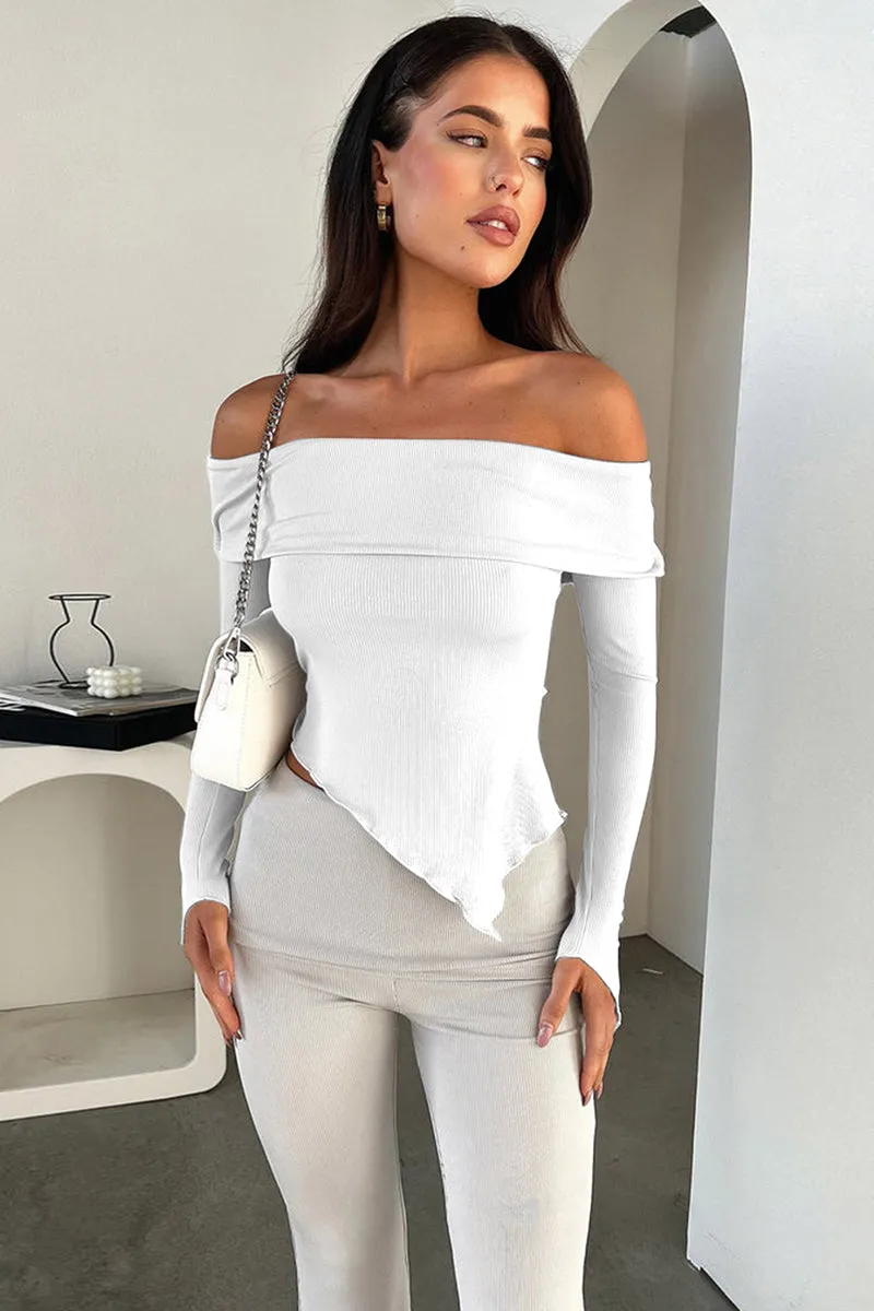 Off Shoulder Long Sleeve Irregular Hem Crop Top