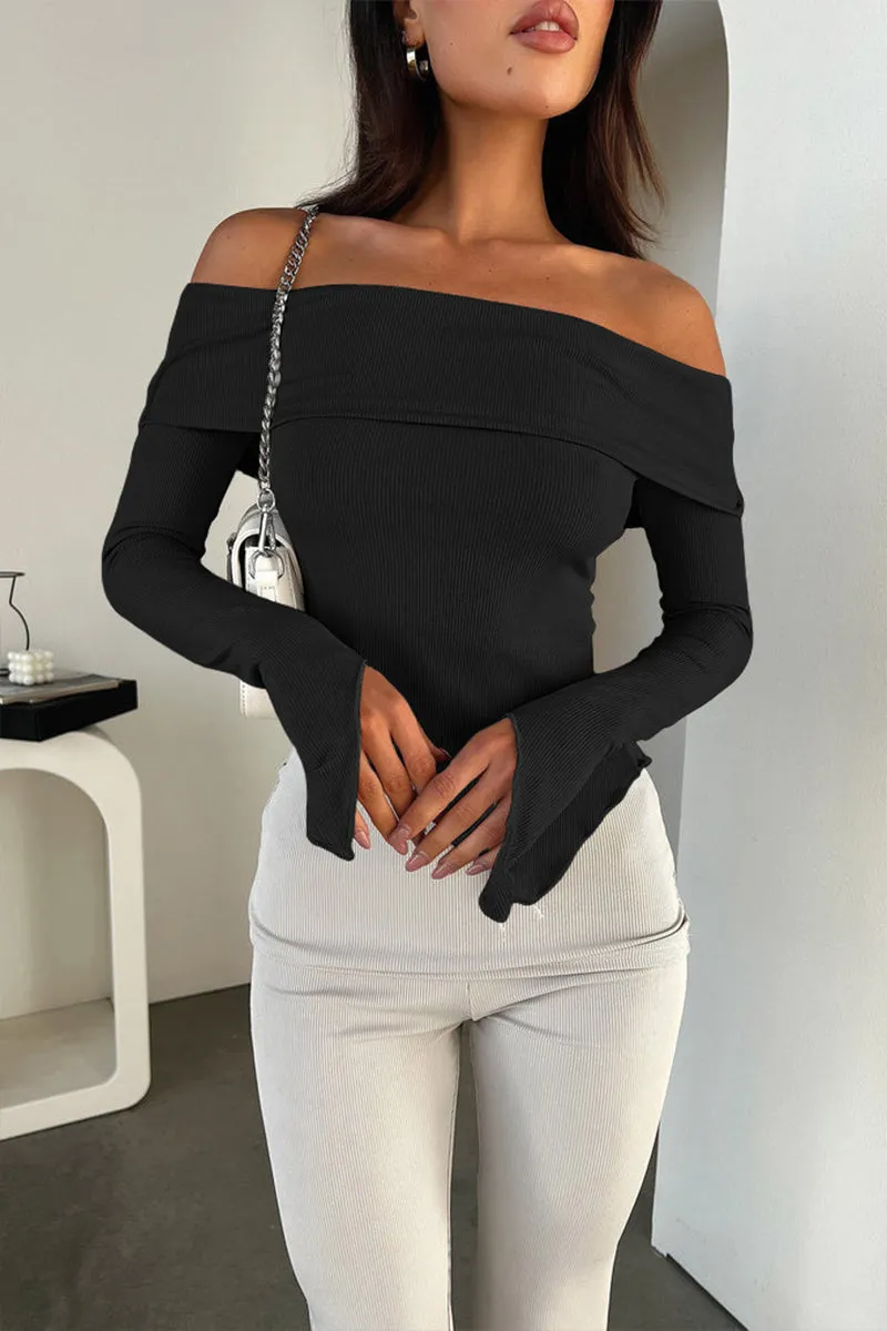 Off Shoulder Long Sleeve Irregular Hem Crop Top