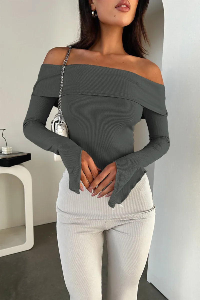 Off Shoulder Long Sleeve Irregular Hem Crop Top