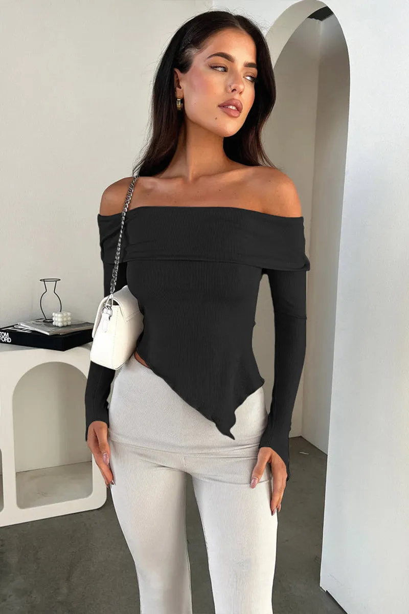 Off Shoulder Long Sleeve Irregular Hem Crop Top