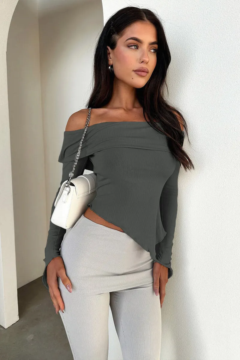 Off Shoulder Long Sleeve Irregular Hem Crop Top