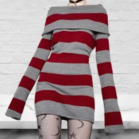 Off Shoulder Long Sleeve Striped Knit Mini Dress